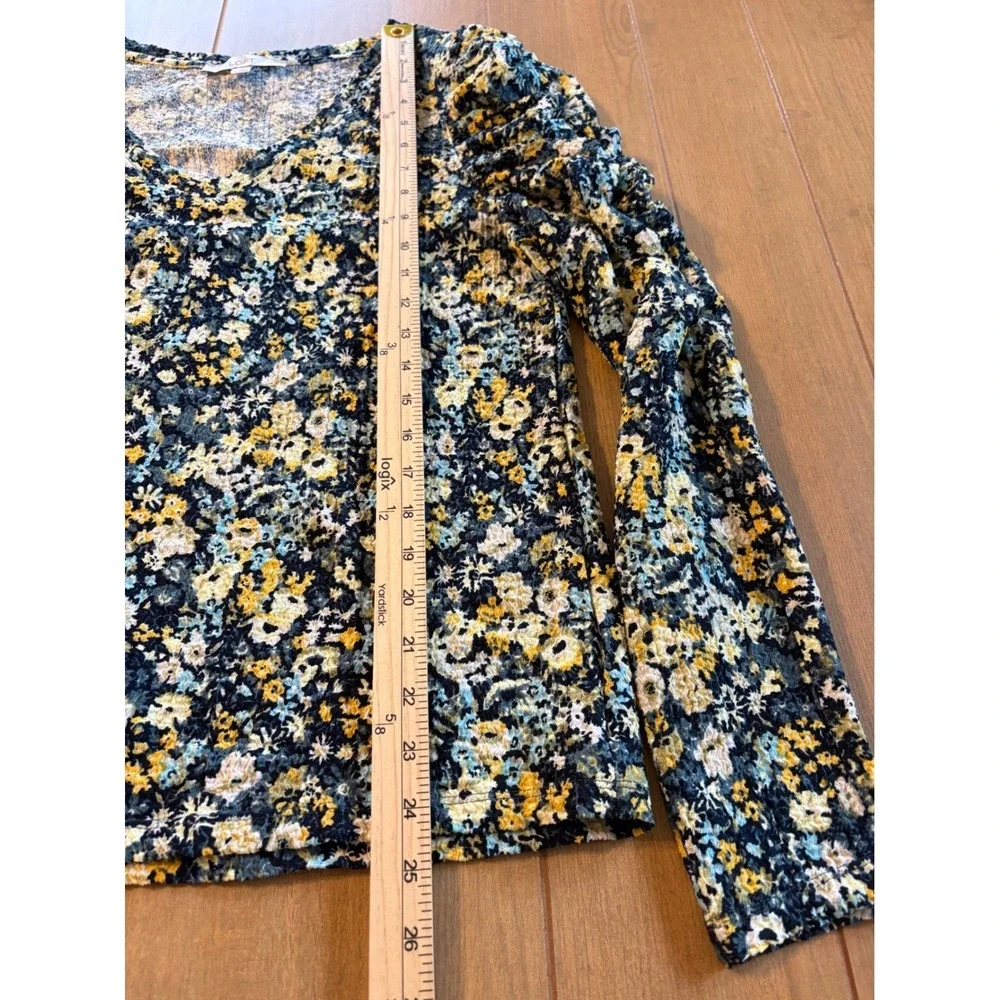 LOFT Womens Floral Puff Sleeve Blouse Size L Blue Yellow Cottagecore Casual